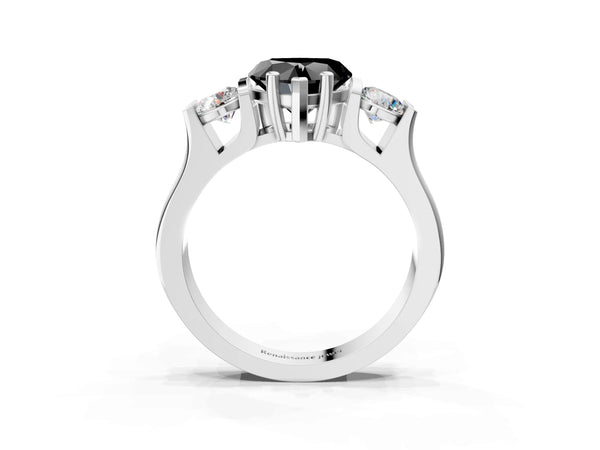 Platinum Three-Stone Fancy Black Heart Cut Classic Band Prong Setting Ring