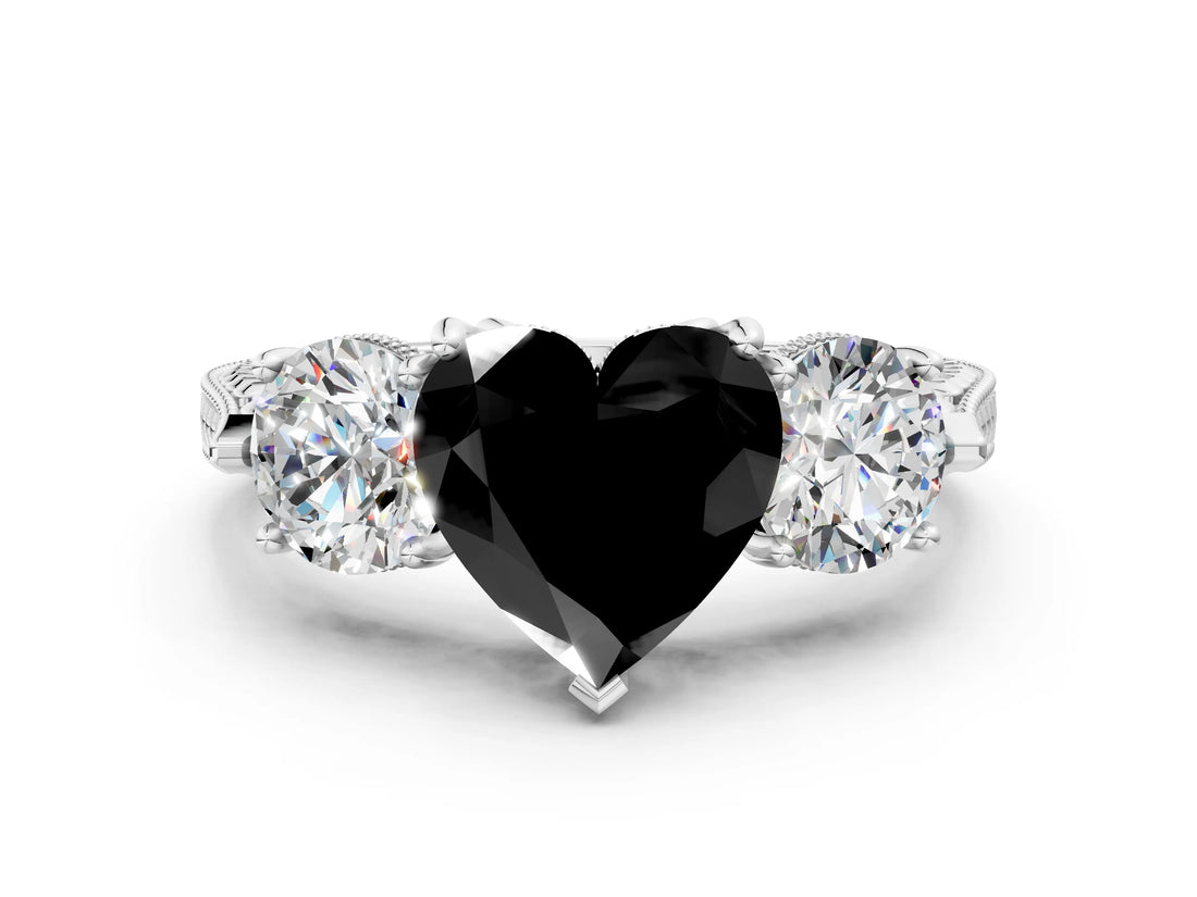 Platinum Three-Stone Fancy Black Heart Cut Cut Milgrain Band Prong Setting Ring_132