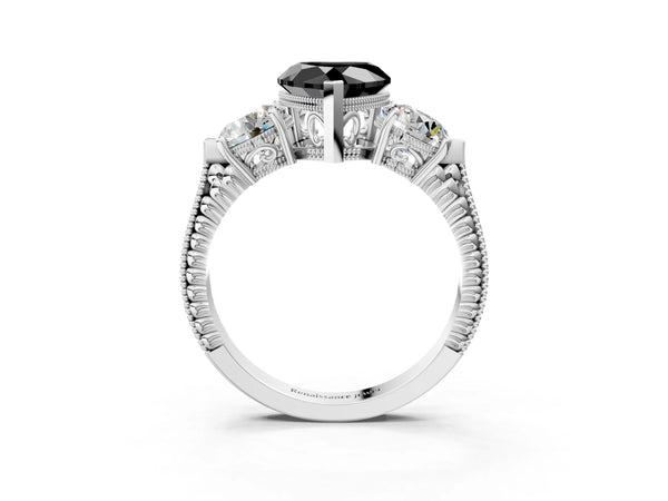 Platinum Heart-Shaped Vintage Three Stone Engagement Ring Setting for Black Center