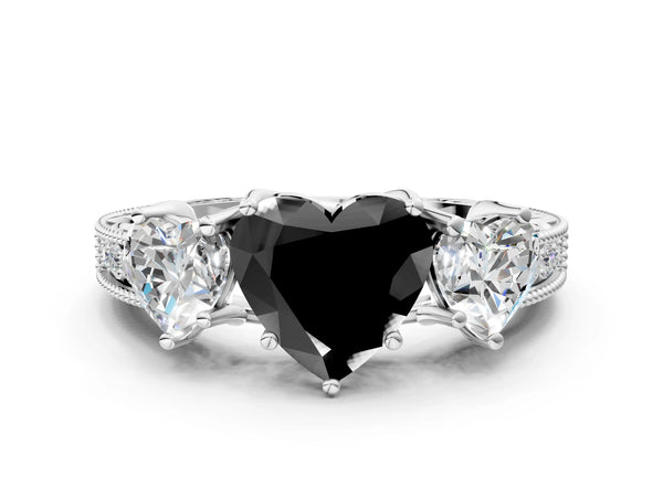 Platinum Heart-Shaped Engraved Three Stone Engagement Ring Setting for Black Center