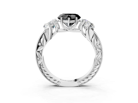 Platinum Three-Stone Fancy Black Heart Cut Cut Milgrain Pavé Engagement Ring_24