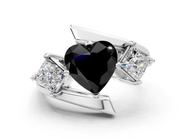 Platinum Three-Stone Fancy Black Heart Cut Cut Tension Band Ring with Four-Prong Setting