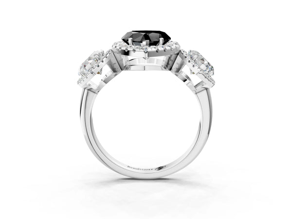 Platinum Three-Stone Fancy Black Heart Cut Halo Diamond Ring with Pave Band and Four-Prong Setting