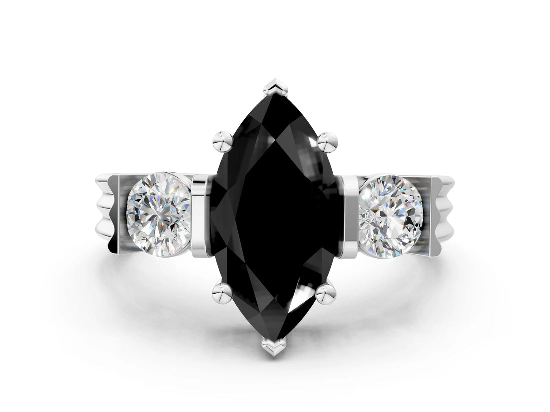 Platinum Three-Stone Fancy Black Marquise Cut Cut Classic Band Prong Setting Ring_12