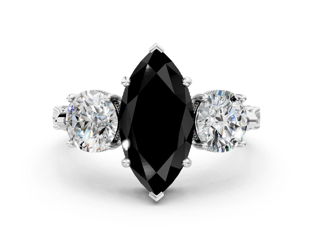 Platinum Three-Stone Fancy Black Marquise Cut Cut Milgrain Band Prong Setting Ring_6