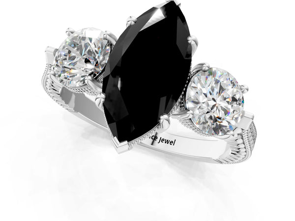 Platinum Marquise Vintage Three Stone Engagement Ring Setting for Black Center