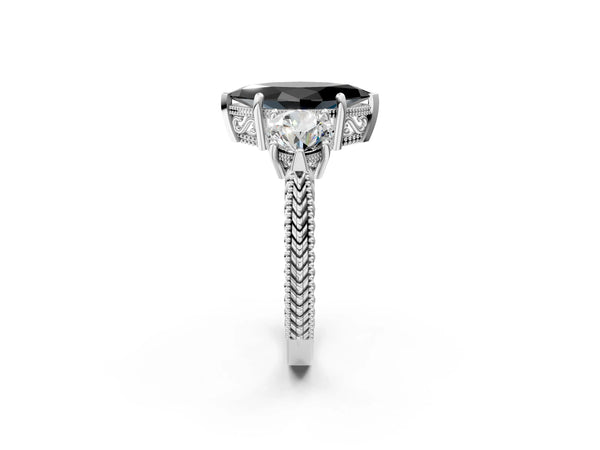 Platinum Marquise Vintage Three Stone Engagement Ring Setting for Black Center