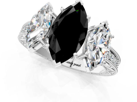 Platinum Three-Stone Fancy Black Marquise Cut Cut Milgrain Pavé Engagement Ring_25