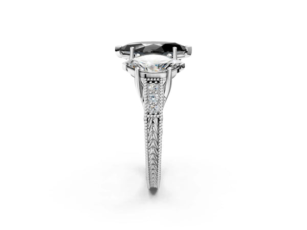 Platinum Marquise Engraved Three Stone Engagement Ring Setting for Black Center