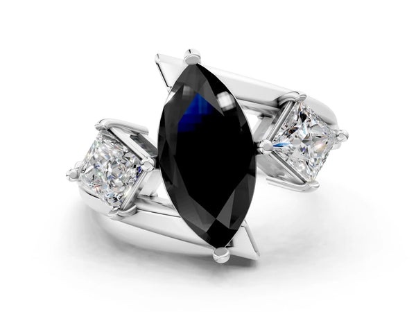 Platinum Three-Stone Fancy Black Marquise Cut Cut Tension Band Ring with Four-Prong Setting