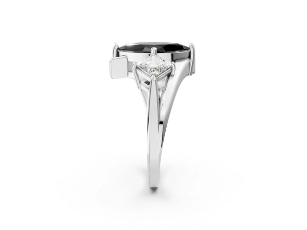 Platinum Three-Stone Fancy Black Marquise Cut Cut Tension Band Ring with Four-Prong Setting