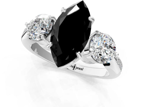 Platinum Three-Stone Fancy Black Marquise Cut Diamond Channel Set Engagement Ring with Prong Setting_19