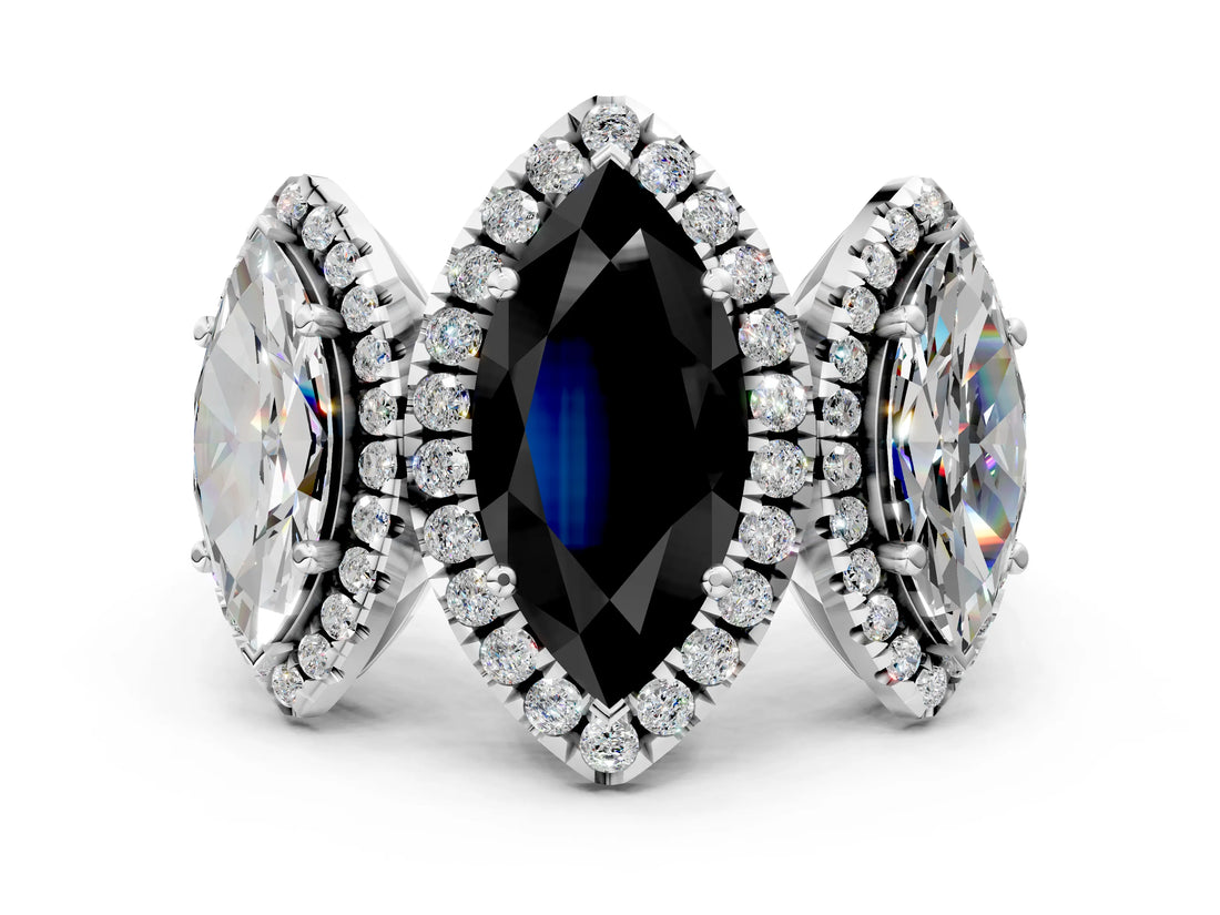 Platinum Three-Stone Fancy Black Marquise Cut Halo Diamond Ring with Pave Band and Four-Prong Setting_12