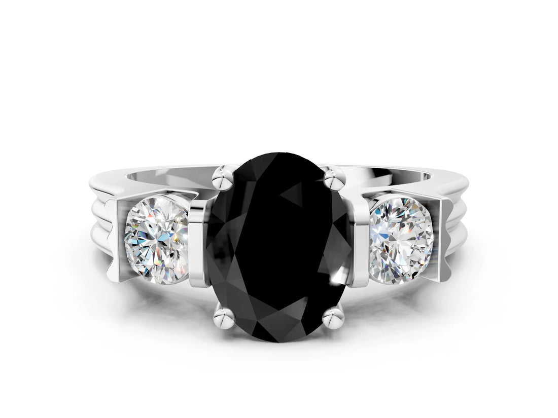 Platinum Three-Stone Fancy Black Oval Cut Cut Classic Band Prong Setting Ring_6