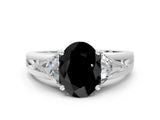 Platinum Three-Stone Fancy Black Oval Cut Cut Diamond Ring with Trillion Side Stones on a Split Shank Band_36