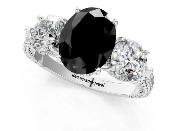 Platinum Oval Vintage Three Stone Engagement Ring Setting for Black Center