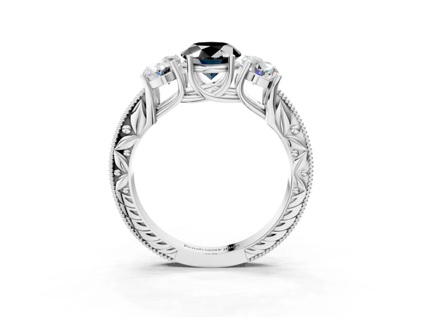 Platinum Oval Vintage Three Stone Engagement Ring Setting for Black Center with Milgrain Pave Band
