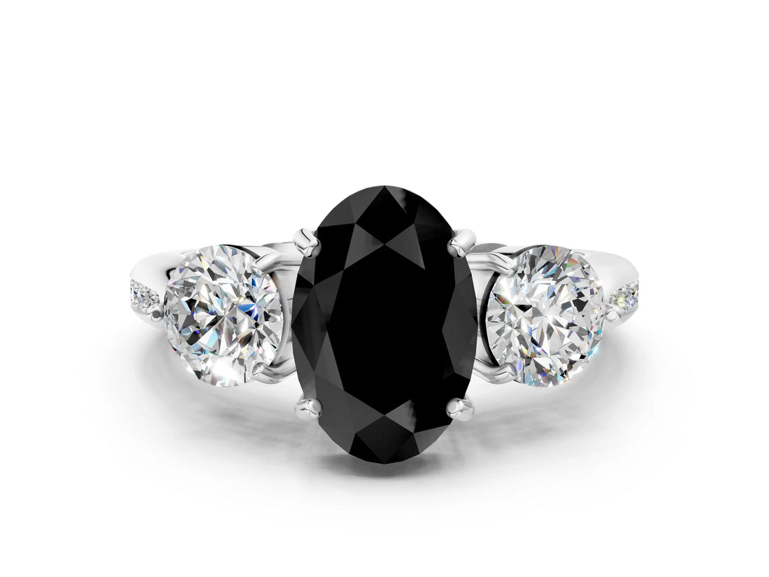 Platinum Three-Stone Fancy Black Oval Cut Diamond Channel Set Engagement Ring with Prong Setting_18