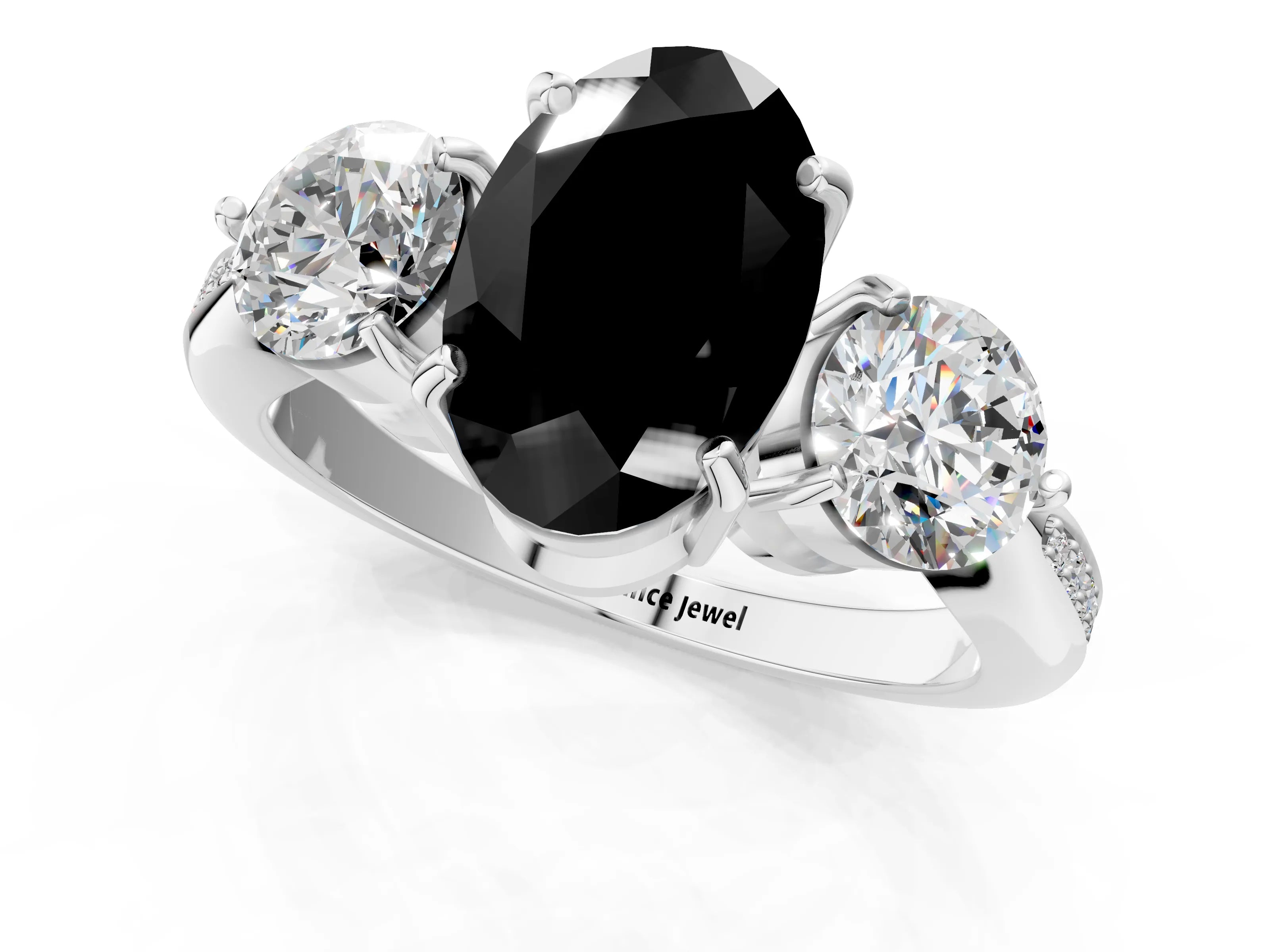 Platinum Three-Stone Fancy Black Oval Cut Diamond Channel Set Engagement Ring with Prong Setting_19
