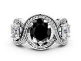 Platinum Three-Stone Fancy Black Oval Cut Diamond Wave Pave Band with Prong Setting_6