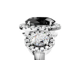 Platinum Three-Stone Fancy Black Oval Cut Halo Diamond Ring with Pave Band and Four-Prong Setting_11