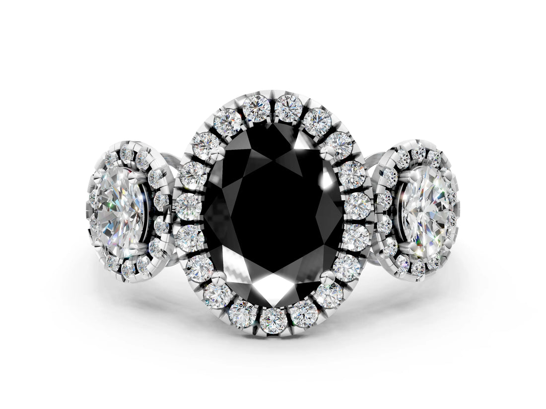 Platinum Three-Stone Fancy Black Oval Cut Halo Diamond Ring with Pave Band and Four-Prong Setting_6