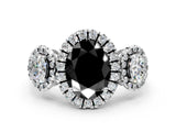 Platinum Three-Stone Fancy Black Oval Cut Halo Diamond Ring with Pave Band and Four-Prong Setting_6