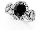 Platinum Three-Stone Fancy Black Oval Cut Halo Diamond Ring with Pave Band and Four-Prong Setting_7