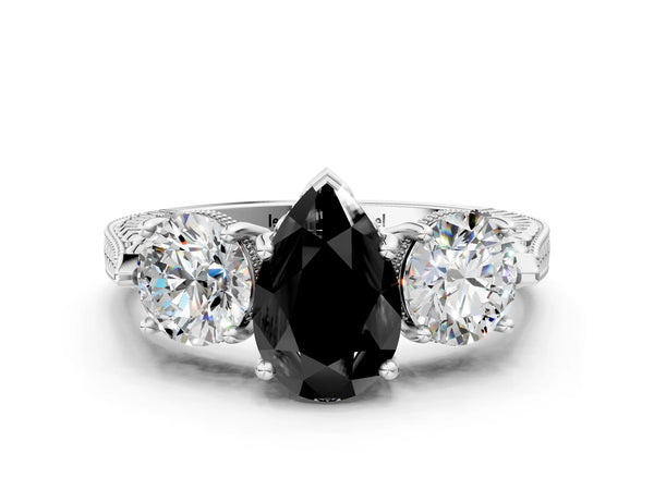 Platinum Pear-Shaped Vintage Three Stone Engagement Ring Setting for Black Center
