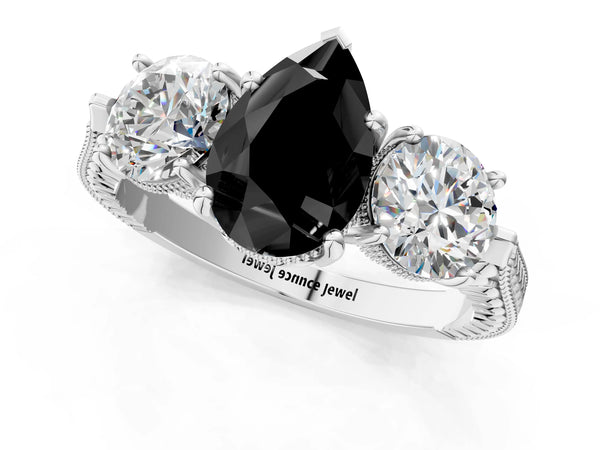 Platinum Pear-Shaped Vintage Three Stone Engagement Ring Setting for Black Center