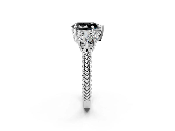 Platinum Pear-Shaped Vintage Three Stone Engagement Ring Setting for Black Center