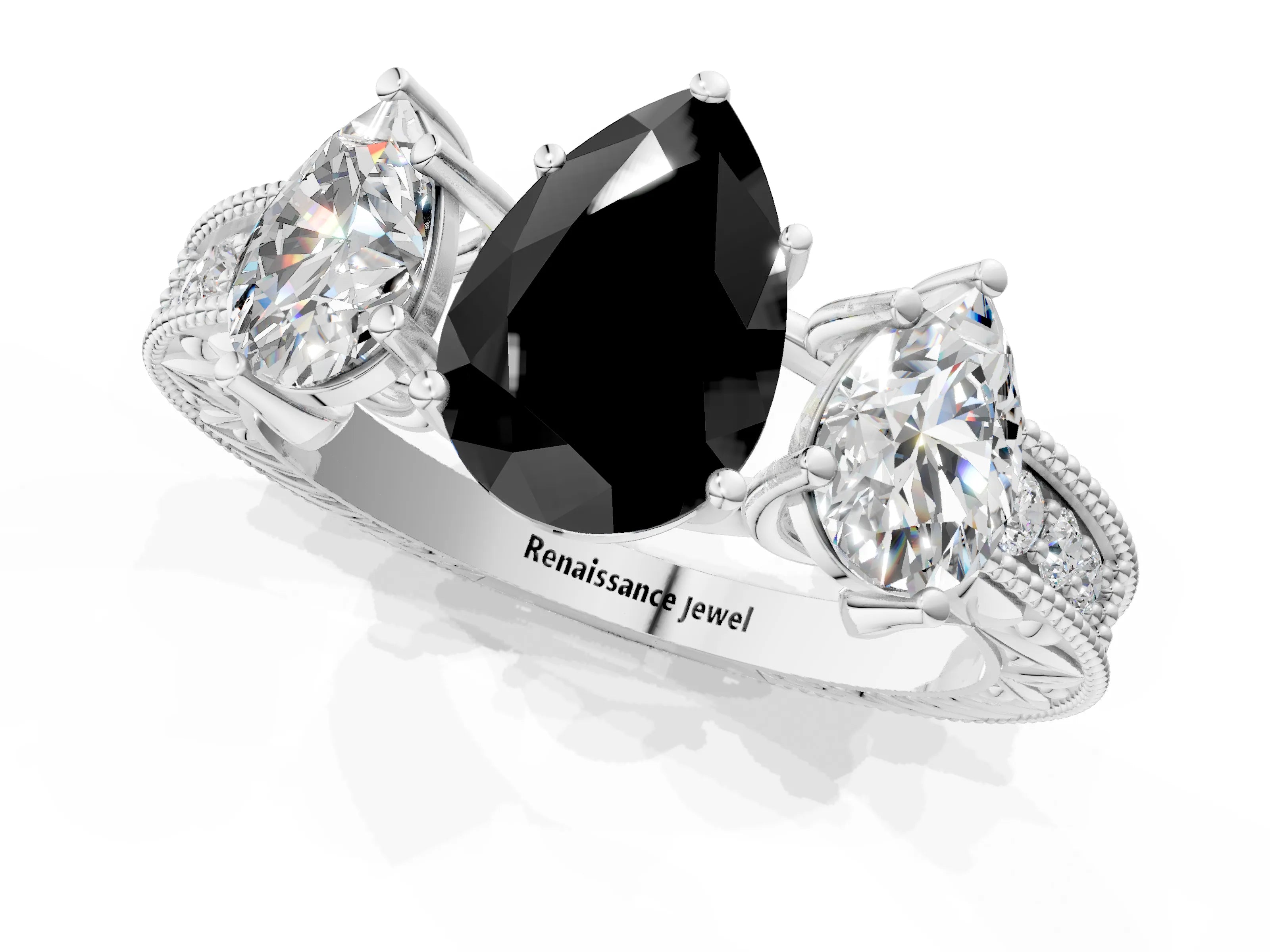 Platinum Three-Stone Fancy Black Pear Cut Cut Milgrain Pavé Engagement Ring_19