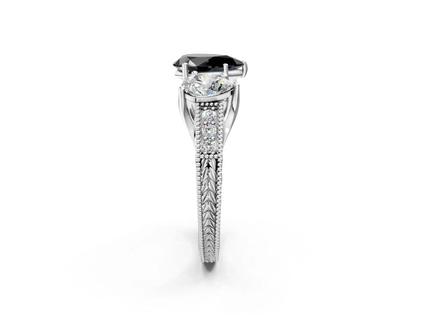 Platinum Pear-Shaped Engraved Three Stone Engagement Ring Setting for Black Center