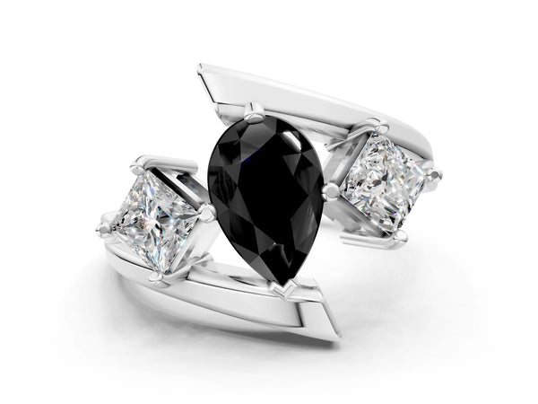 Platinum Three-Stone Fancy Black Pear Cut Cut Tension Band Ring with Four-Prong Setting