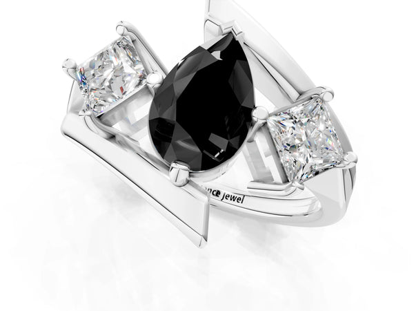Platinum Three-Stone Fancy Black Pear Cut Cut Tension Band Ring with Four-Prong Setting