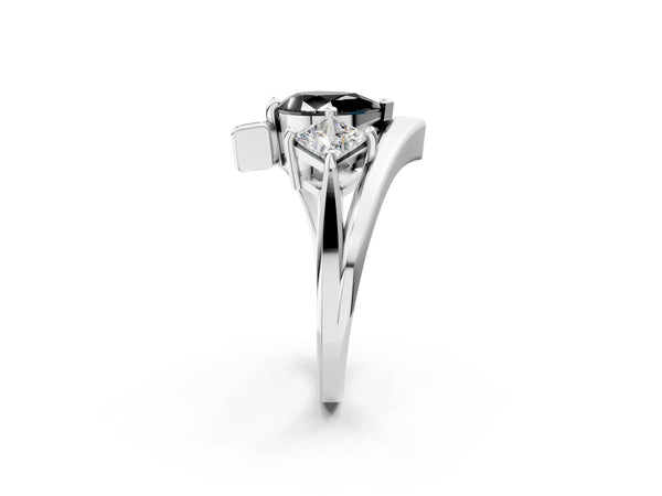 Platinum Three-Stone Fancy Black Pear Cut Cut Tension Band Ring with Four-Prong Setting
