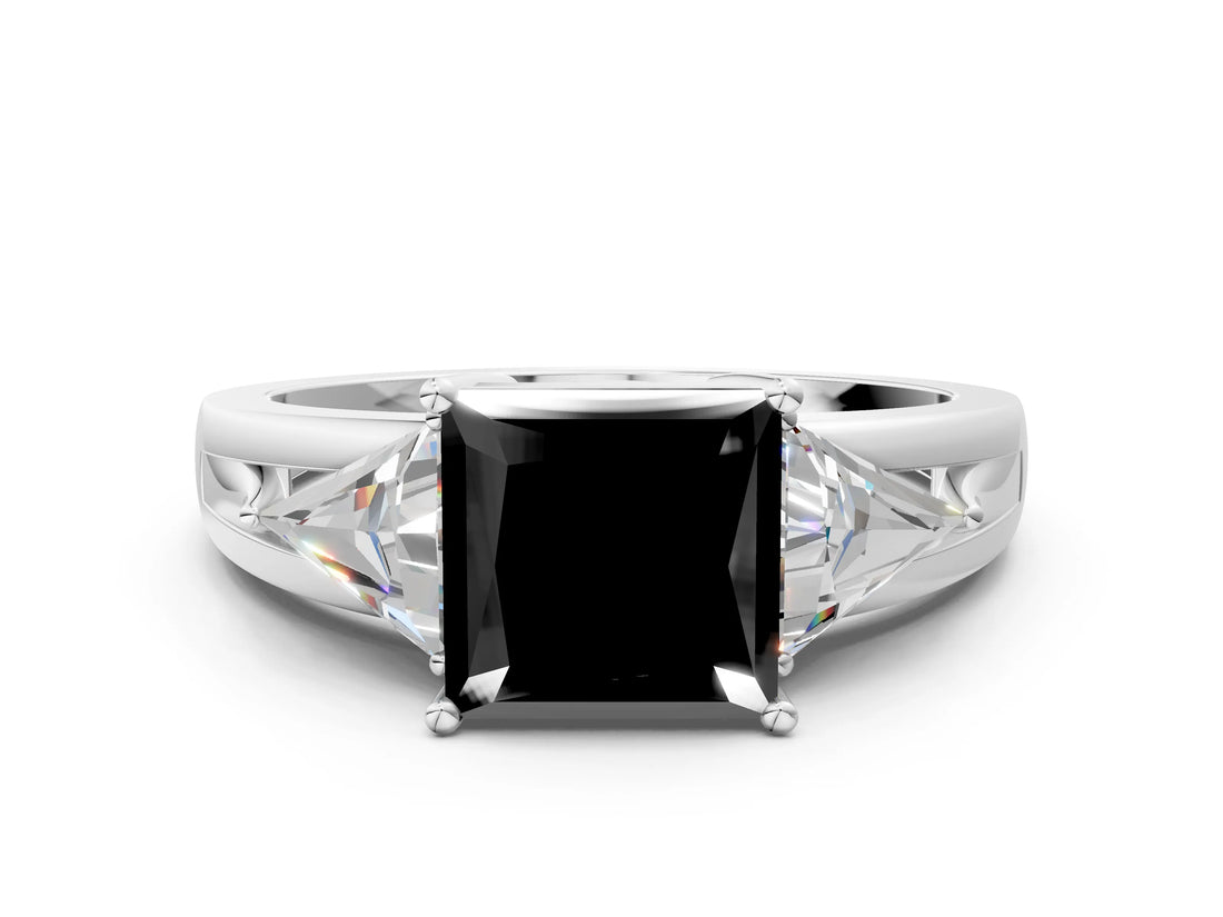 Platinum Three-Stone Fancy Black Princess Cut Cut Diamond Ring with Trillion Side Stones on a Split Shank Band_36