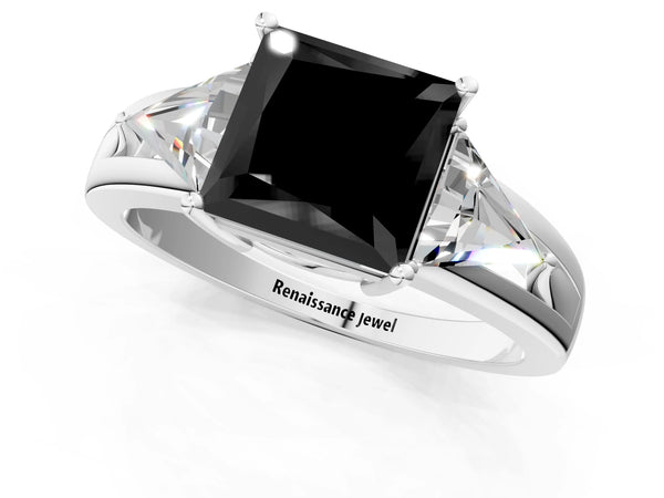 Platinum Princess Cut Trillion Three Stone Engagement Ring Setting for Black Center