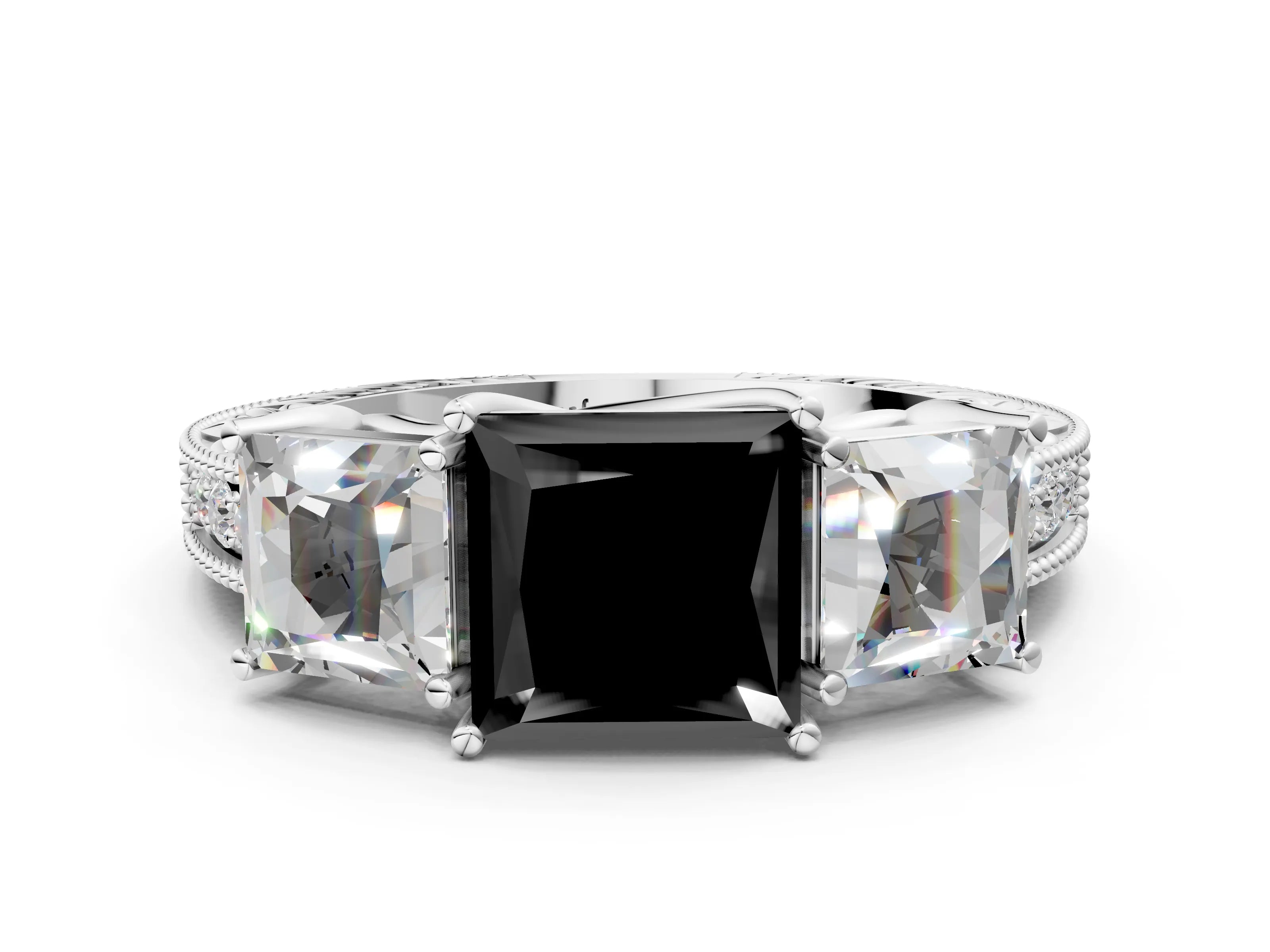 Platinum Three-Stone Fancy Black Princess Cut Cut Milgrain Pavé Engagement Ring_18