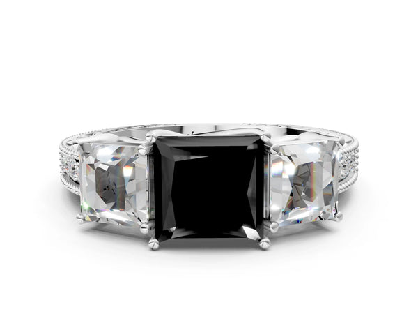 Platinum Princess Cut Engraved Three Stone Engagement Ring Setting for Black Center