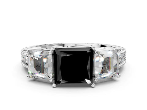 Platinum Three-Stone Fancy Black Princess Cut Cut Milgrain Pavé Engagement Ring_18