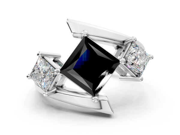 Platinum Three-Stone Fancy Black Princess Cut Cut Tension Band Ring with Four-Prong Setting