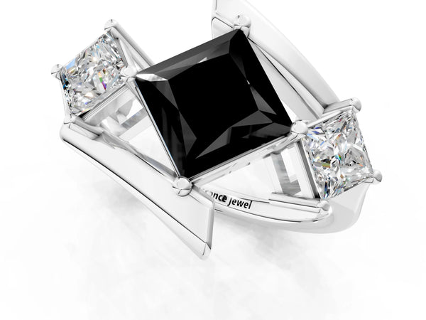 Platinum Three-Stone Fancy Black Princess Cut Cut Tension Band Ring with Four-Prong Setting