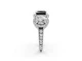 Platinum Three-Stone Fancy Black Princess Cut Halo Diamond Milgrain Band with Four-Prong Setting_8