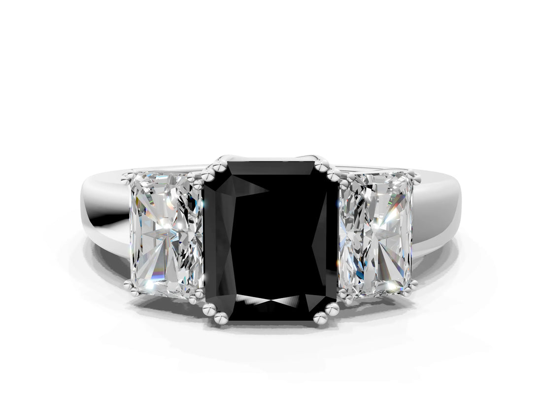 Platinum Three-Stone Fancy Black Radiant Cut Cut Diamond Ring with Channel Set Band and Four-Prong Setting_60