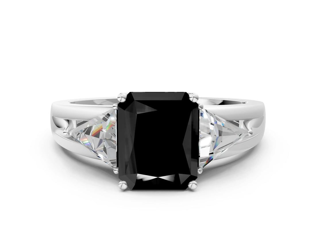 Platinum Three-Stone Fancy Black Radiant Cut Cut Diamond Ring with Trillion Side Stones on a Split Shank Band_6