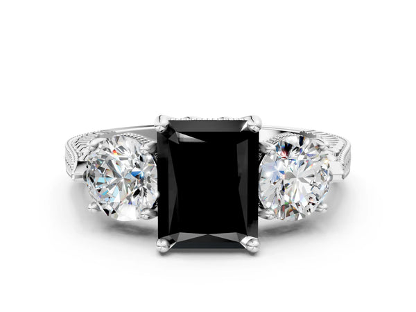 Platinum Radiant Cut Vintage Three Stone Engagement Ring Setting for Black Center