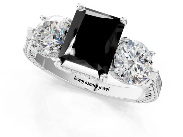 Platinum Radiant Cut Vintage Three Stone Engagement Ring Setting for Black Center