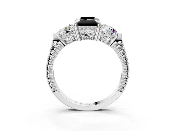 Platinum Radiant Cut Vintage Three Stone Engagement Ring Setting for Black Center