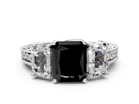 Platinum Three-Stone Fancy Black Radiant Cut Cut Milgrain Pavé Engagement Ring_18